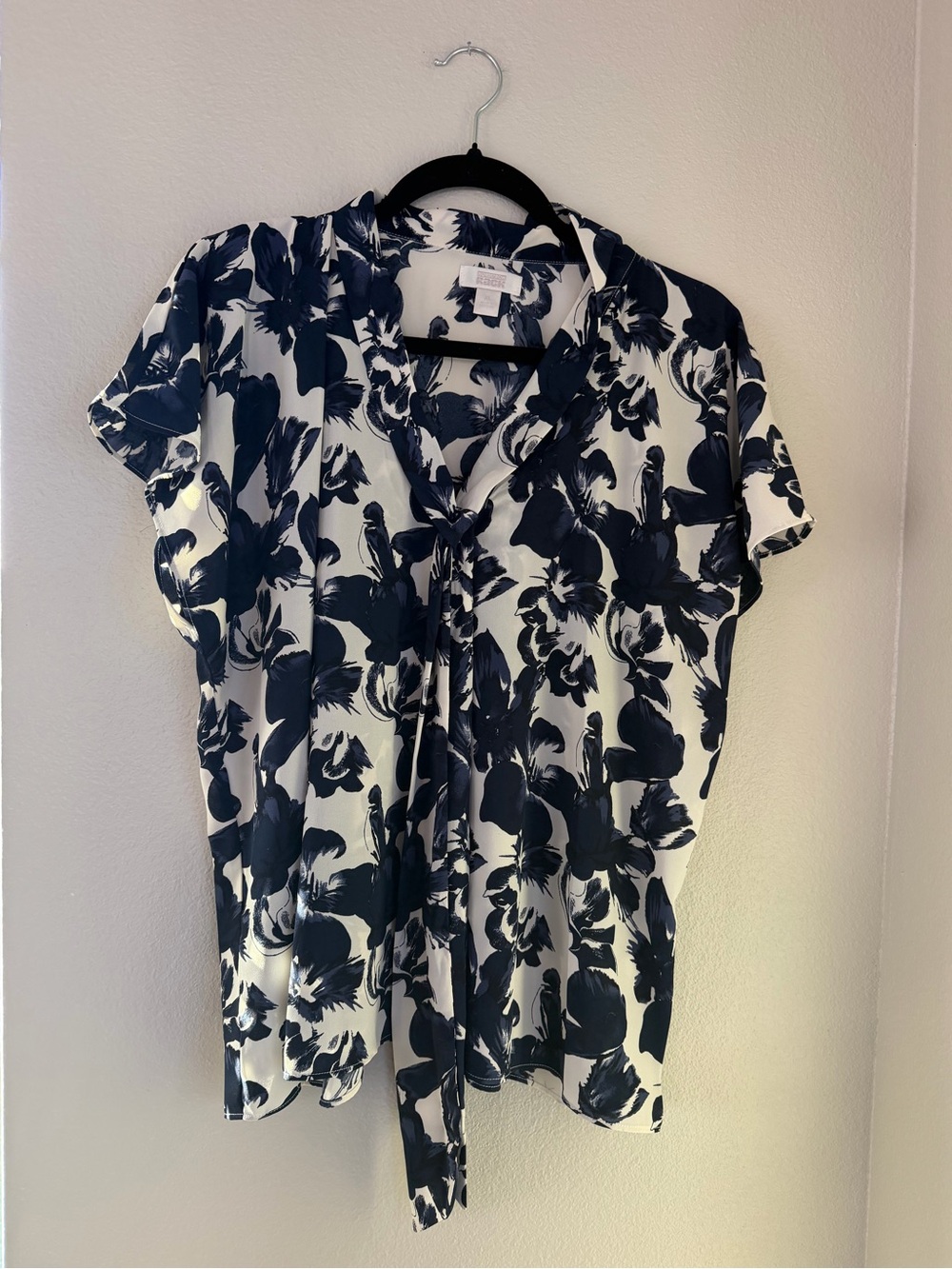 Navy and White Floral Tie-Front Blouse